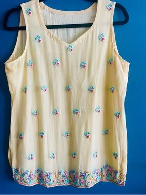 Yellow Sleeveless Embroidered Floral Tank Top